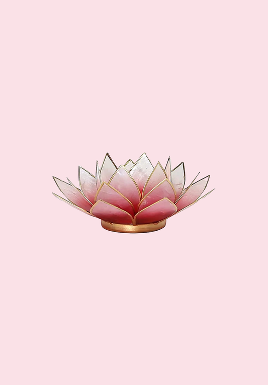 Lotus-Teelichthalter aus Capiz-Muscheln mit einem Farbverlauf Rot/Rosa/Gold