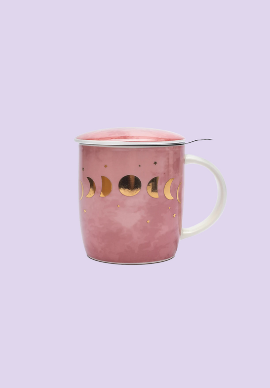 Rosa Teetasse mit goldenen Mondphasen mit Sieb und Deckel - Marnie's Magic